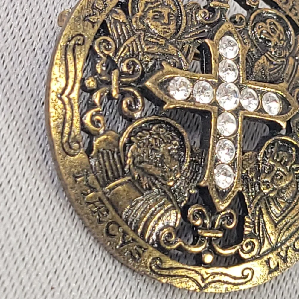 Vatican Library Collection Brass Brooch Rhinestone Cross Four Evangelists Pin